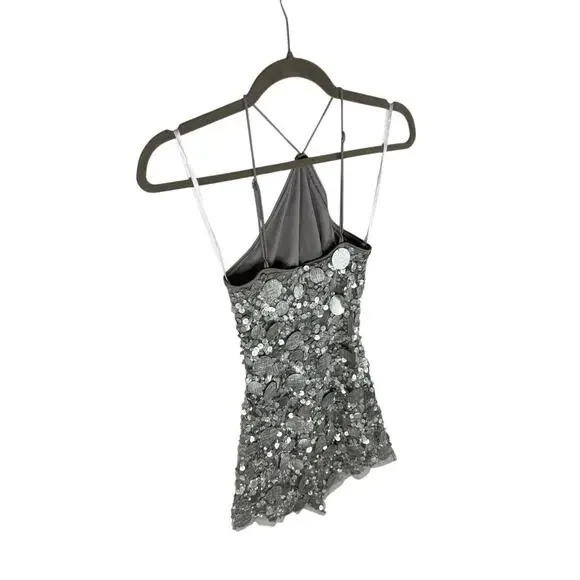 Lovers & Friends Quinn Sequin Embellished Mini Dress Party Disco Hoco Silver  XS